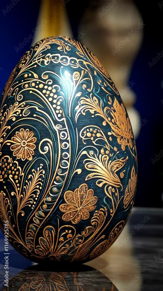 Intricately designed decorative egg showcasing detailed floral patterns and metallic elements in a close-up setting Intricately designed decorative egg showcasing detailed floral patterns and metallic elements in a close-up setting