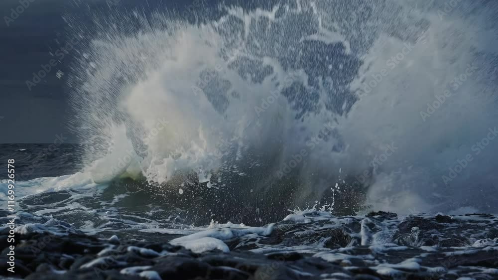 Powerful ocean wave crashing on rocky shore, dramatic seascape. Nature force and ocean energy concept