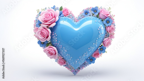 A polished 3D image of a glossy blue heart adorned with pink roses and a gentle cascade of tiny flowers, ending in petals of various hues. The white background is dotted with light pink bubbles of dif photo