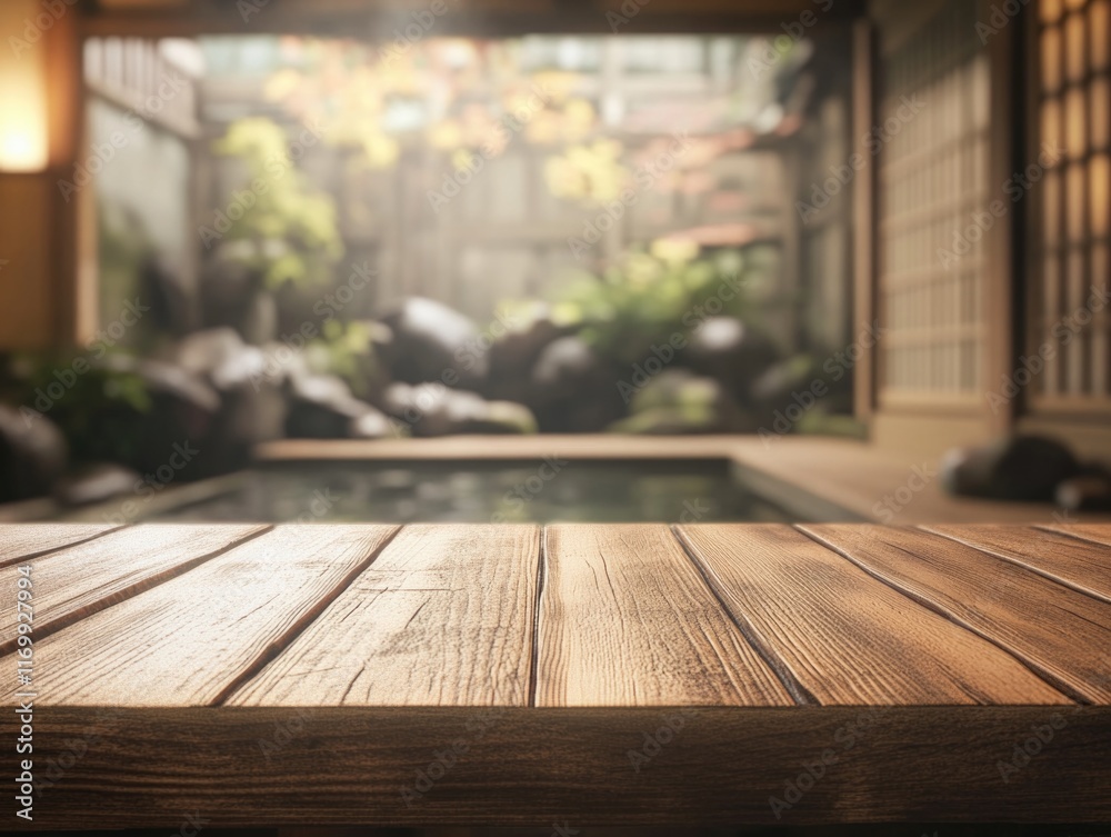A serene Japanese garden with a wooden deck, rock pool and bamboo fence. A serene Japanese garden with a wooden deck, rock pool and bamboo fence.