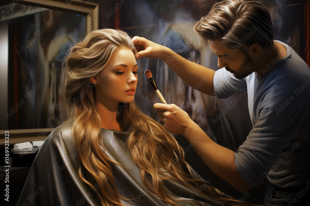 Naklejka premium Hairstylist carefully applies makeup to model with long, flowing hair in well-lit studio. Atmosphere creative and focused, showcasing beauty art.