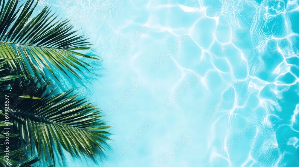 A serene view of a swimming pool with shimmering water and a palm leaf. A serene view of a swimming pool with shimmering water and a palm leaf.