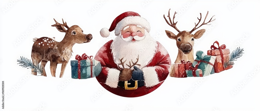Fototapeta premium Watercolor Christmas Santa Reindeer Gifts Illustration