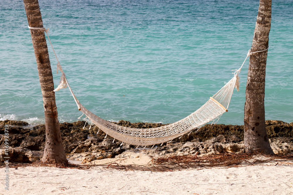 Obraz premium Hammock at the Bany beach bay with pristine caribbean waters in Guardalavaca, Hoguin province, Cuba