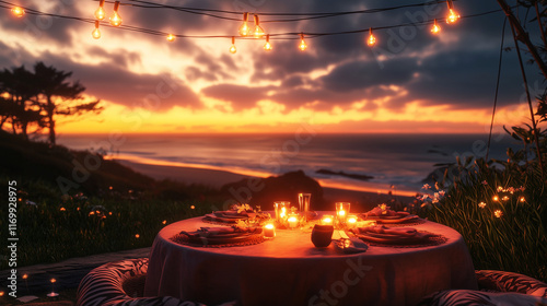 
a picturesque dining arrangement on a terrace, featuring a table with elegant settings for two, lit by soft candlelight and surrounded by warm string lights.