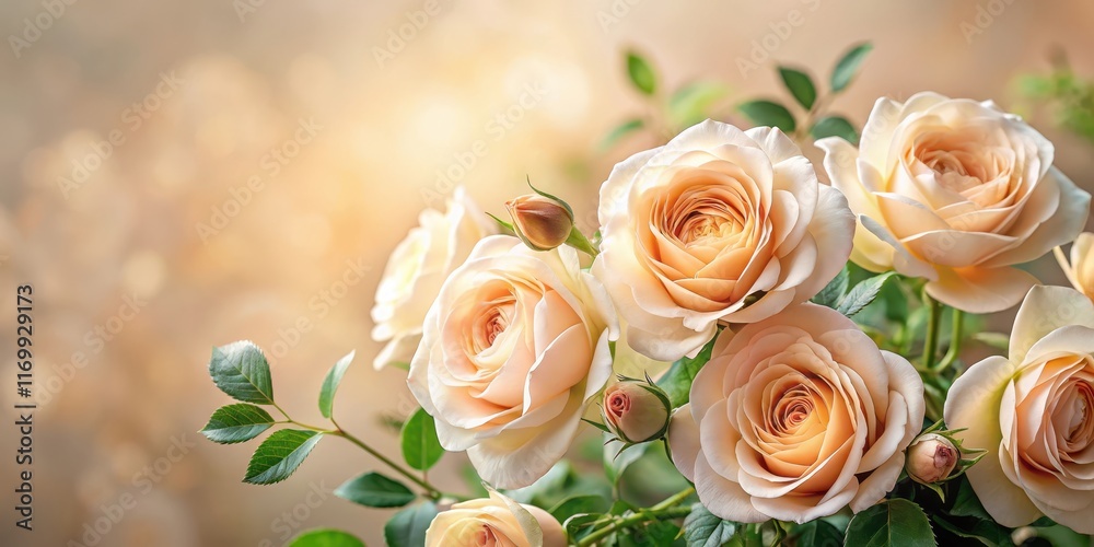 Soft peach colored roses with delicate white petals and green leaves against a neutral beige background, romantic garden, pastel colors Soft peach colored roses with delicate white petals and green leaves against a neutral beige background, romantic garden, pastel colors