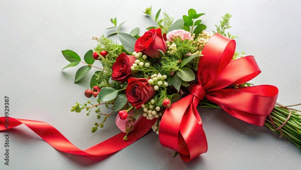 Red silk ribbon tied around a bundle of fresh flowers with greenery and leaves , elegant decoration, flower wrapping Red silk ribbon tied around a bundle of fresh flowers with greenery and leaves , elegant decoration, flower wrapping
