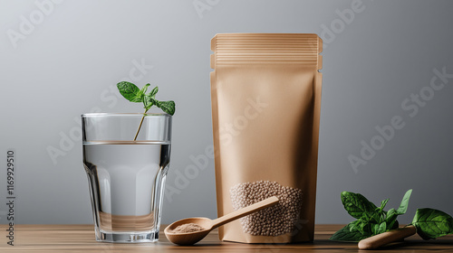 Organic collagen peptides in Kraft resealable pouch mockup, glass of water and scoop nearby, clean minimal gray background photo