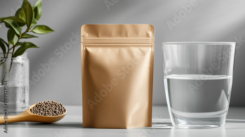 Collagen peptides in Kraft resealable pouch mockup, with clear water glass and scoop, bright minimalistic background. photo