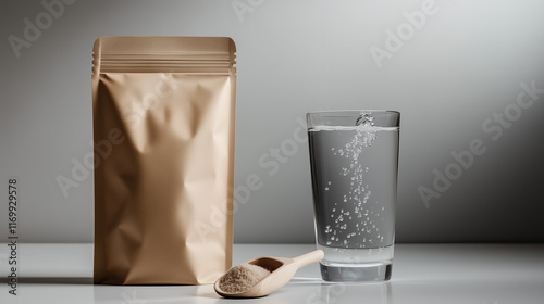 Kraft resealable pouch mockup for organic collagen peptides, clean gray background, water glass and scoop setup. photo