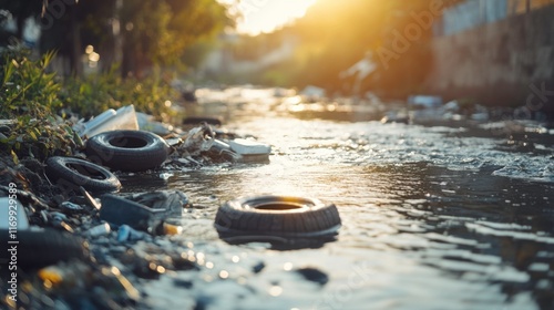 Old Tires and Appliances Lining a Sluggish Riverbank