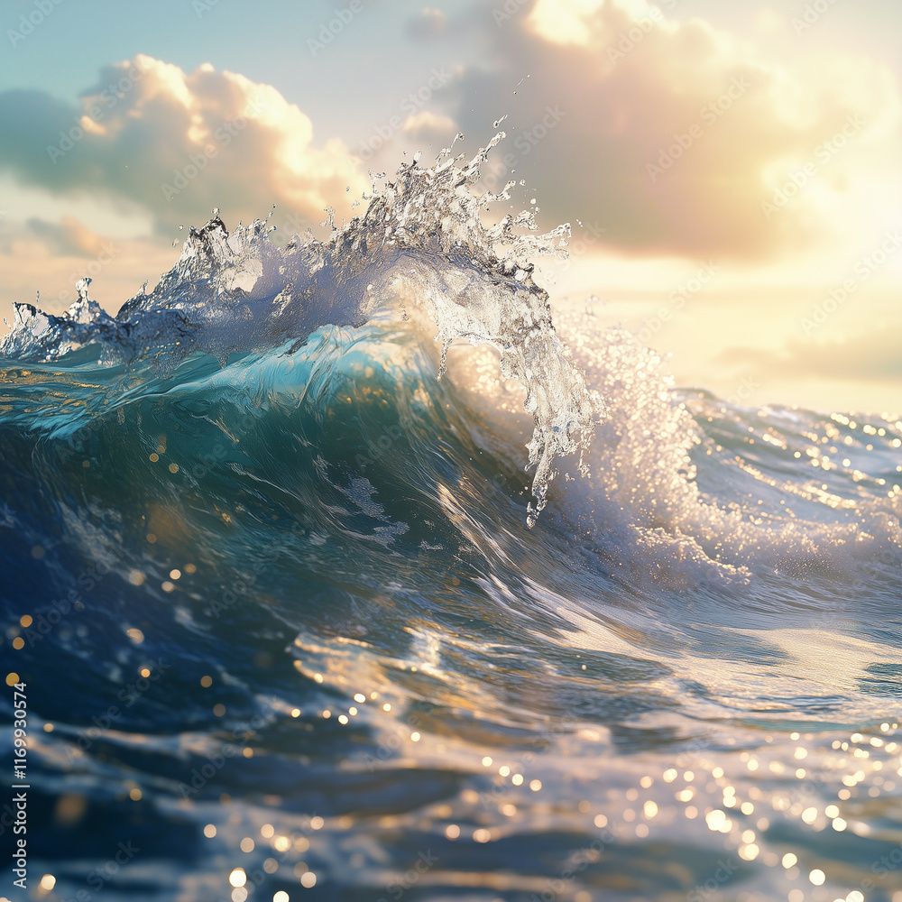 Obraz premium Emerald Wave: A Powerful Ocean Wave Catching the Golden Light of Sunset