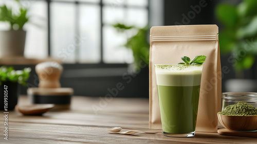 Premium matcha latte mix in Kraft resealable pouch mockup, glass of matcha latte with foam, luxury setup photo