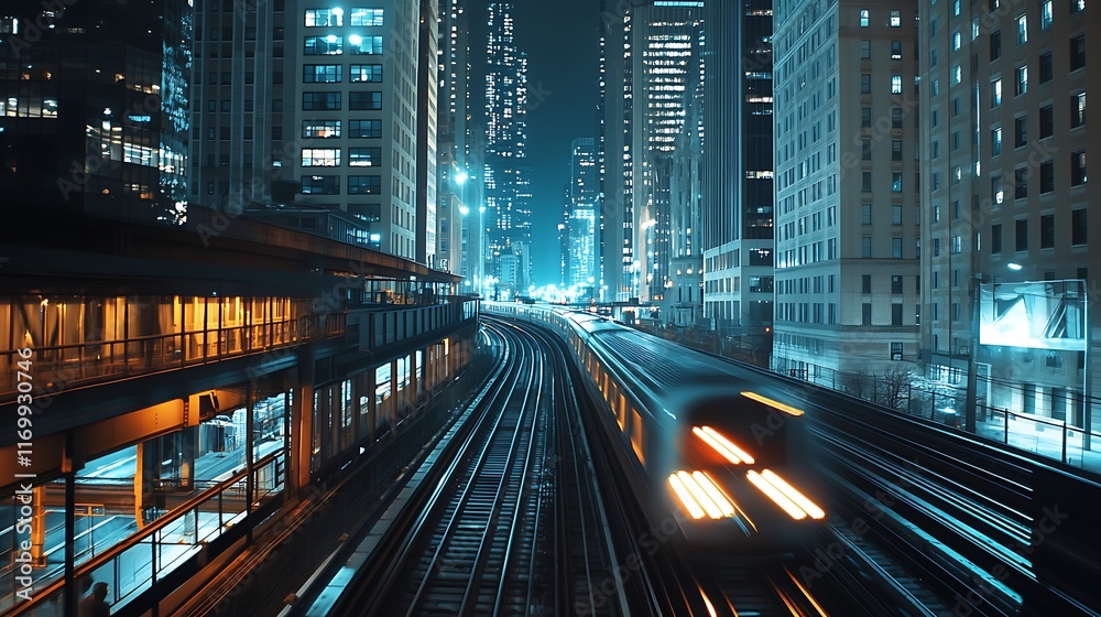 Fototapeta premium Night Cityscape Train Tracks Urban Transportation Scene