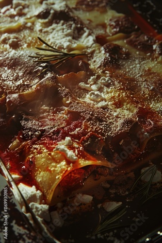 A close-up of a savory deep dish pizza with tomato sauce, sliced sausage, and melted cheese. The crust is baked to a golden brown color. photo