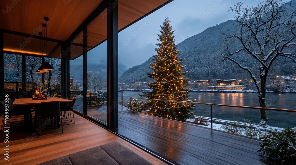 Fototapeta premium Cozy Chalet Interior with Christmas Tree in Switzerland