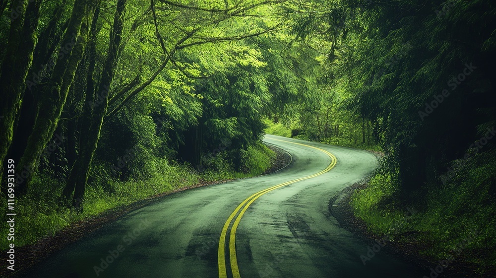 Obraz premium An abstract oil painting depicting an endless road, seamlessly blending with nature. The winding road stretches into the horizon, surrounded by vibrant landscapes and organic elements,