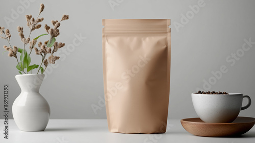 Kraft pouch mockup for biodegradable dishwasher powder featuring sustainable and minimalist packaging style photo