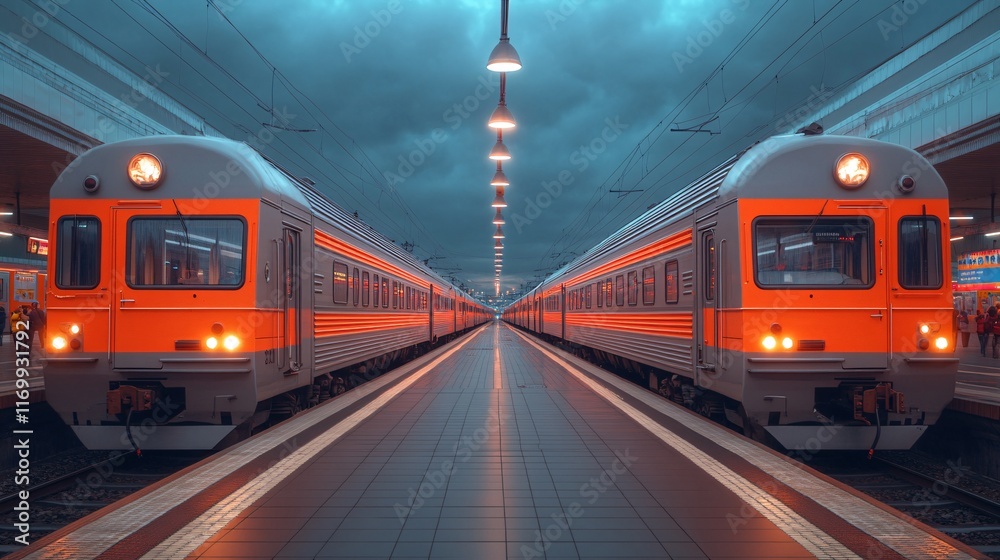 Fototapeta premium Trains Stationed Under Dramatic Sky