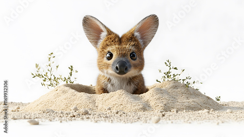 cute 3D bilby with realistic fur textures emerging from sand, surrounded by small plants photo