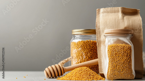 Kraft resealable pouch mockup for bee pollen granules with golden hues and honey dipper in natural packaging theme photo