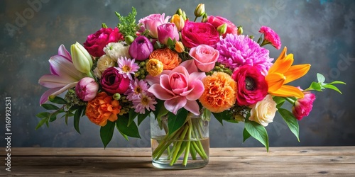 Fototapeta Naklejka Na Ścianę i Meble -  Vibrant colorful mixed floral arrangement with peonies roses and lilies in a elegant vase , arrangement, elegant,  arrangement