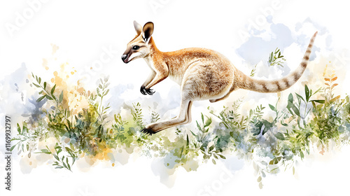 watercolor style wallaby bounding gracefully through colorful landscape