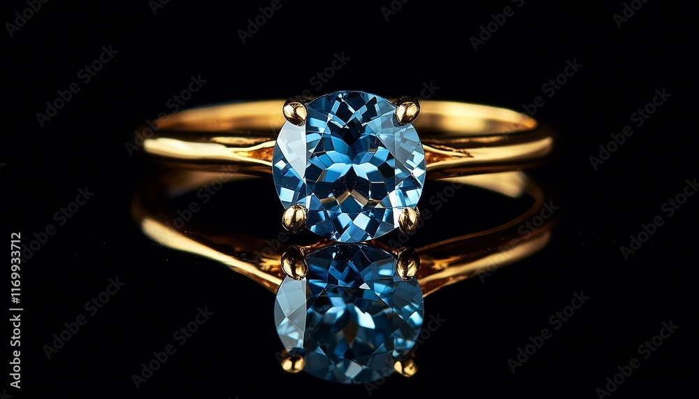 A golden engagement ring with a radiant blue gemstone, set against a dramatic black background. A golden engagement ring with a radiant blue gemstone, set against a dramatic black background.