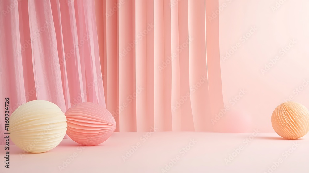 Pink Background with Paper Sphere Decorations and Drapes Pink Background with Paper Sphere Decorations and Drapes