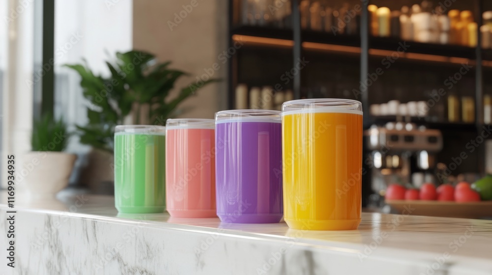 Colorful Cups on Marble Counter in Cafe Setting Colorful Cups on Marble Counter in Cafe Setting