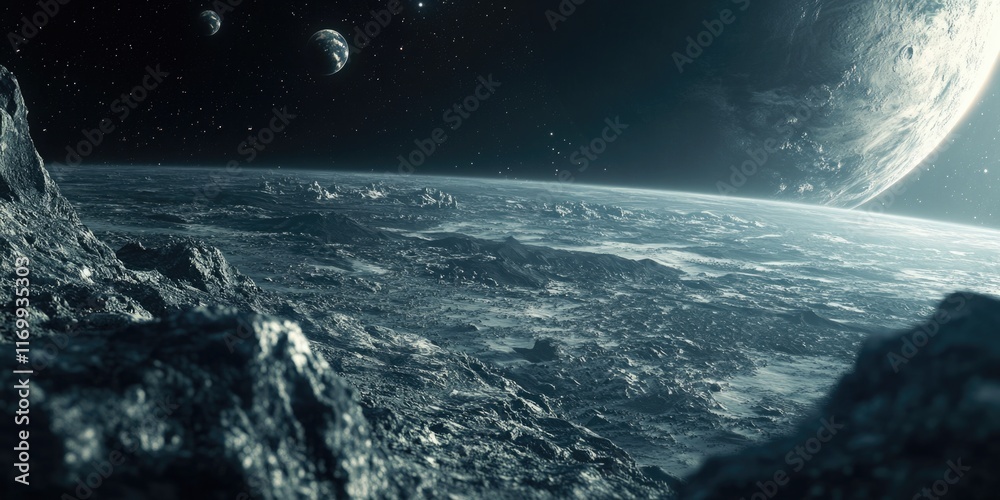 Fototapeta premium Image of moon's surface under starry sky, evoking a sense of exploration and science fiction.