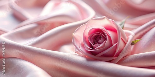A delicate pink rose petal lies gently on a luxurious soft silk fabric background, showcasing its vibrant color and intricate texture , soft texture, floral arrangement