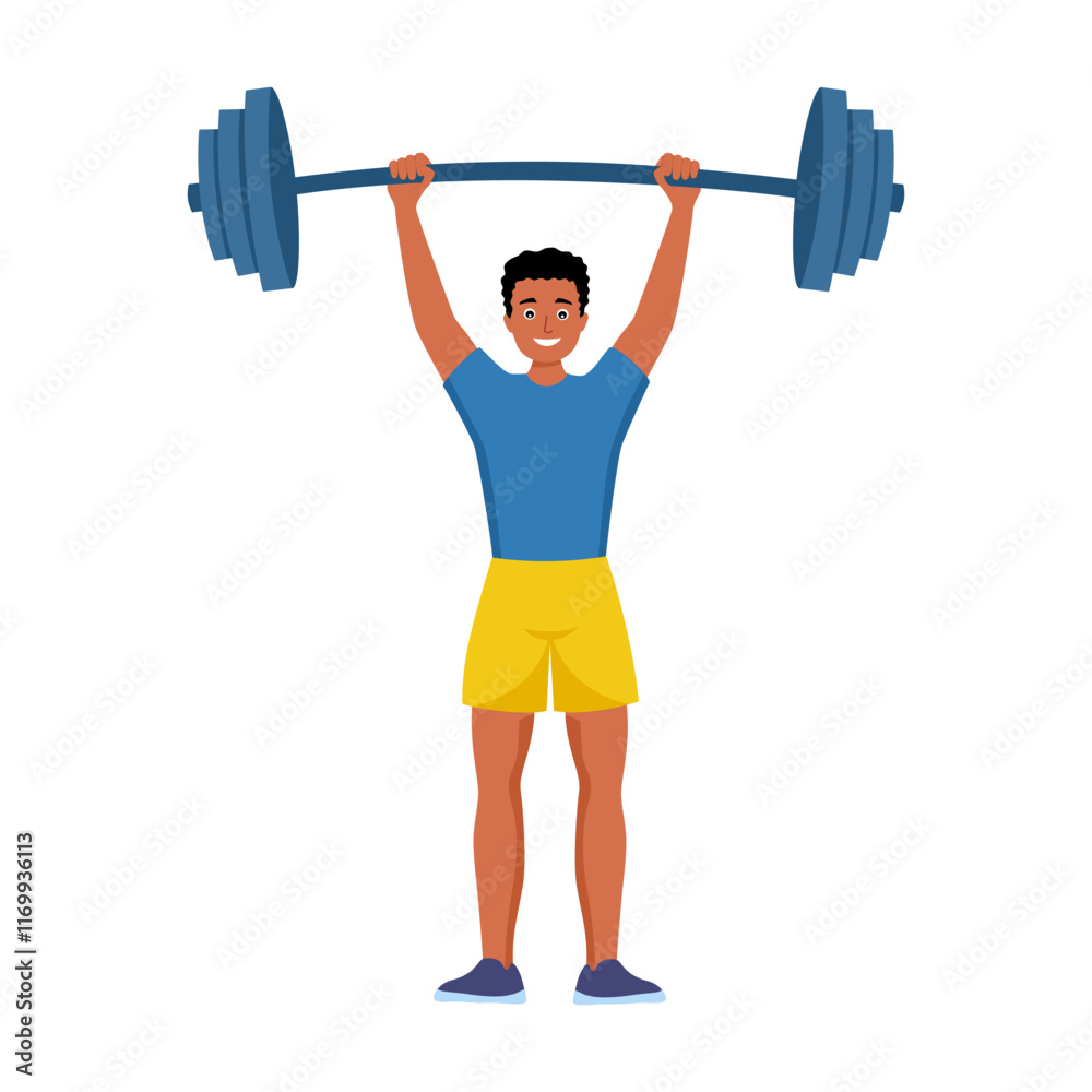 Obraz premium Black man lifting barbell in gym. Guy training strength of muscles at fitness workout, physical exercise of athlete cartoon vector illustration.