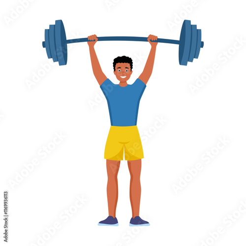 Black man lifting barbell in gym. Guy training strength of muscles at fitness workout, physical exercise of athlete cartoon vector illustration.