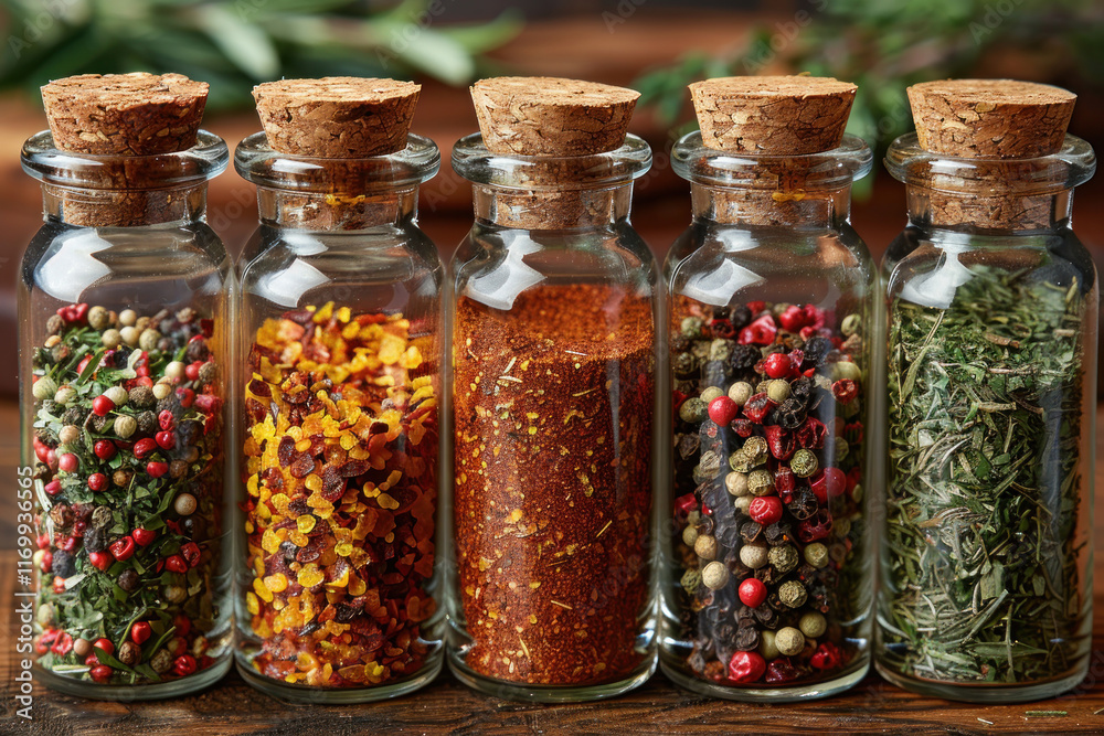 glass bottles of spices on a wooden table. Smoked chili, dried garlic with salt, black pepper, French herbs and spices for steak or salad. . ,.  