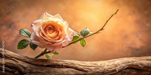 A delicate rose with soft petals unfolding from a wooden branch against a warm