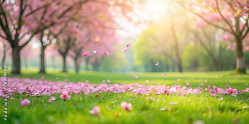 Obraz premium Soft pink sakura petals scattered on a serene green grassy field with a few bare branches of trees in the background
