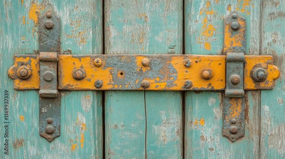 Weathered Wooden Door with Rustic Yellow and Blue Metal Hardware Weathered Wooden Door with Rustic Yellow and Blue Metal Hardware