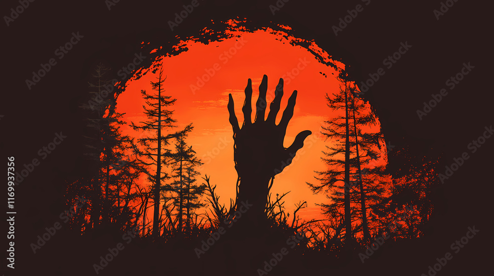 A silhouetted zombie hand emerges from the forest against a backdrop of a sanguine sun, with trees distinguishing the foreground. Sanguine. Illustration A silhouetted zombie hand emerges from the forest against a backdrop of a sanguine sun, with trees distinguishing the foreground. Sanguine. Illustration