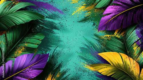 Mardi Gras background with colorful leaves and paint splatters. photo