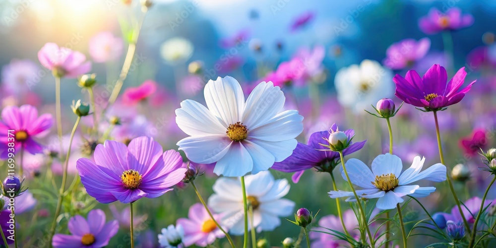 Field of vibrant cosmos flowers swaying gently in a breeze with petals ranging from light purple to deep blue and white hues , garden scene, cosmos field Field of vibrant cosmos flowers swaying gently in a breeze with petals ranging from light purple to deep blue and white hues , garden scene, cosmos field