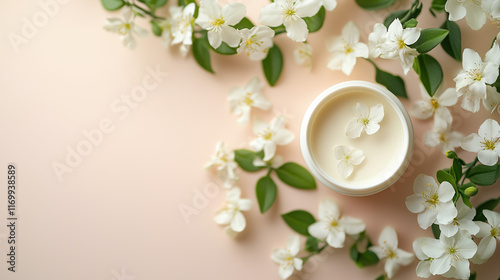 Jasmine extract face mask treatment with a soft pastel background and delicate flowers, offering a serene luxury feel and ample room for text. photo