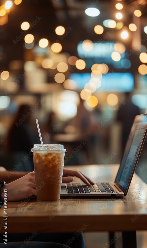 Person working on laptop at a cafe at night with iced coffee. Person working on laptop at a cafe at night with iced coffee.