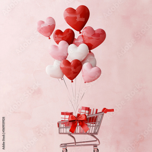 
a minimalistic shopping cart filled with small gift boxes and tied with a red bow, attached to heart-shaped balloons in shades of red, pink, and white, floating against a soft watercolor pink backgro photo