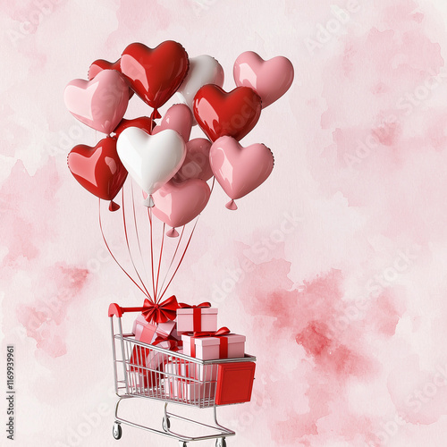 
a minimalistic shopping cart filled with small gift boxes and tied with a red bow, attached to heart-shaped balloons in shades of red, pink, and white, floating against a soft watercolor pink backgro photo