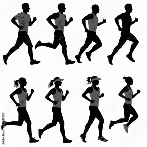 Running men and women, isolated vector silhouettes. Run, side view. Silhouettes of athletic looking male and female runners running. Multilayer SVG file without gaps between paths.