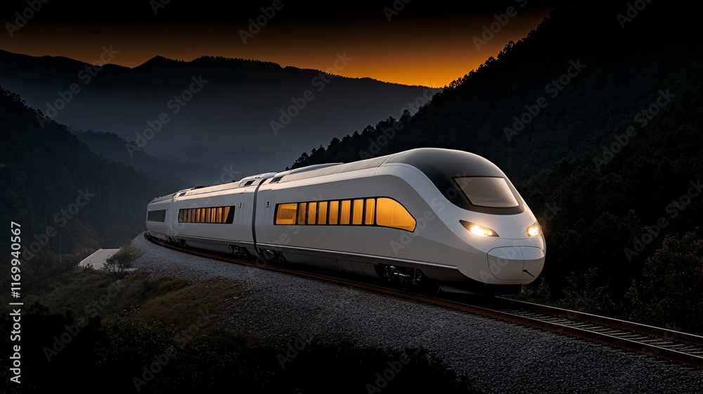 Fototapeta premium Modern High-Speed Train on Mountain Slope at Dusk