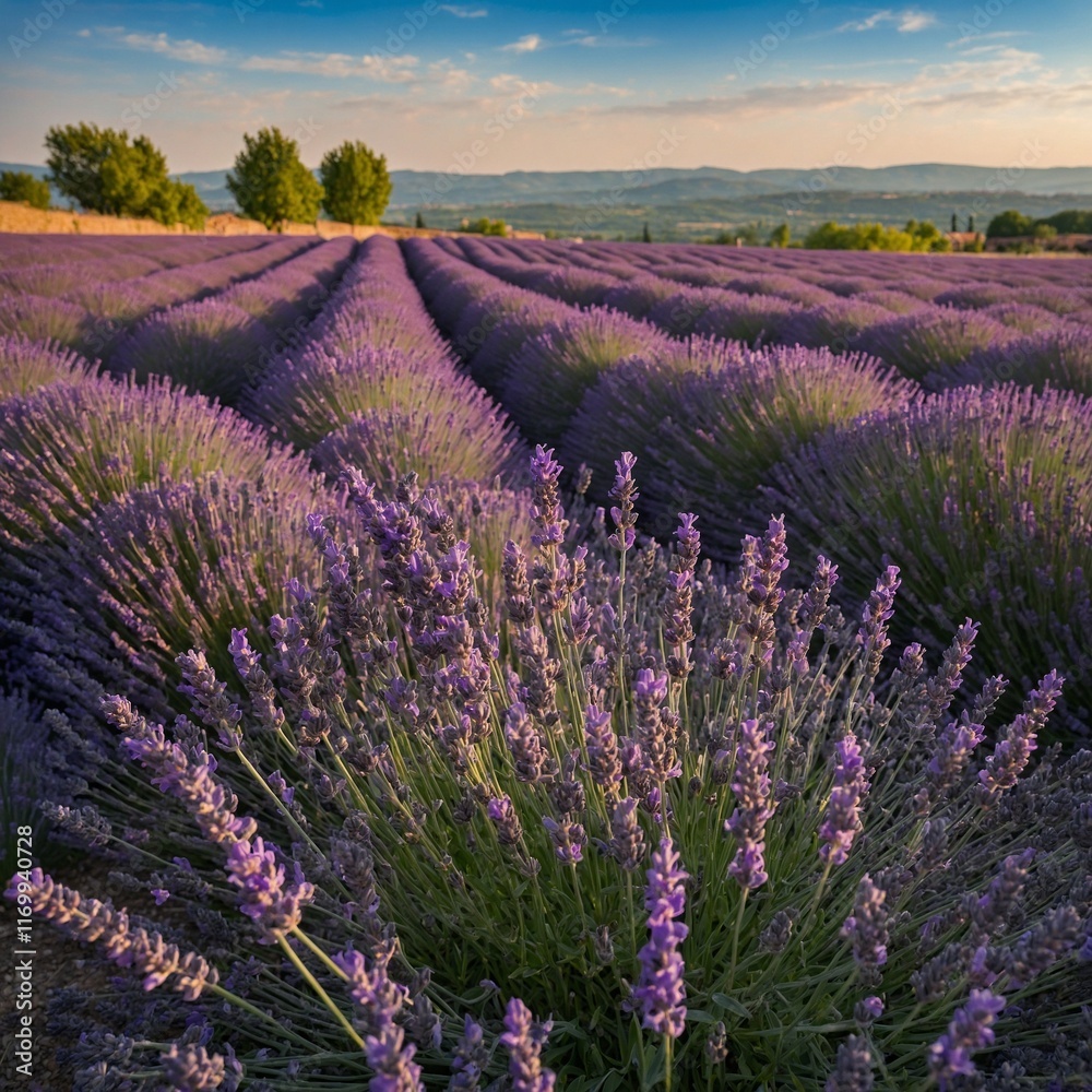 Obraz premium A vibrant field of lavender swaying in the breeze against a backdrop of a French countryside.