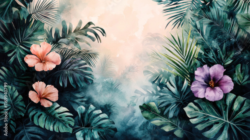 Tropical jungle foliage with hibiscus flowers and misty background.