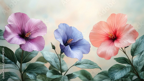 Three hibiscus flowers in pink, purple, and blue with green leaves on a soft background.